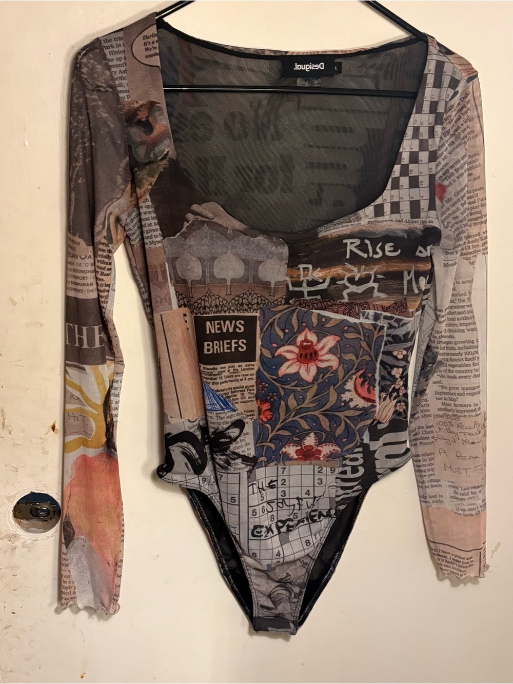 Desigual Multi-Color Newspaper Patchwork Print Long Sleeve Sheer Mesh Bodysuit